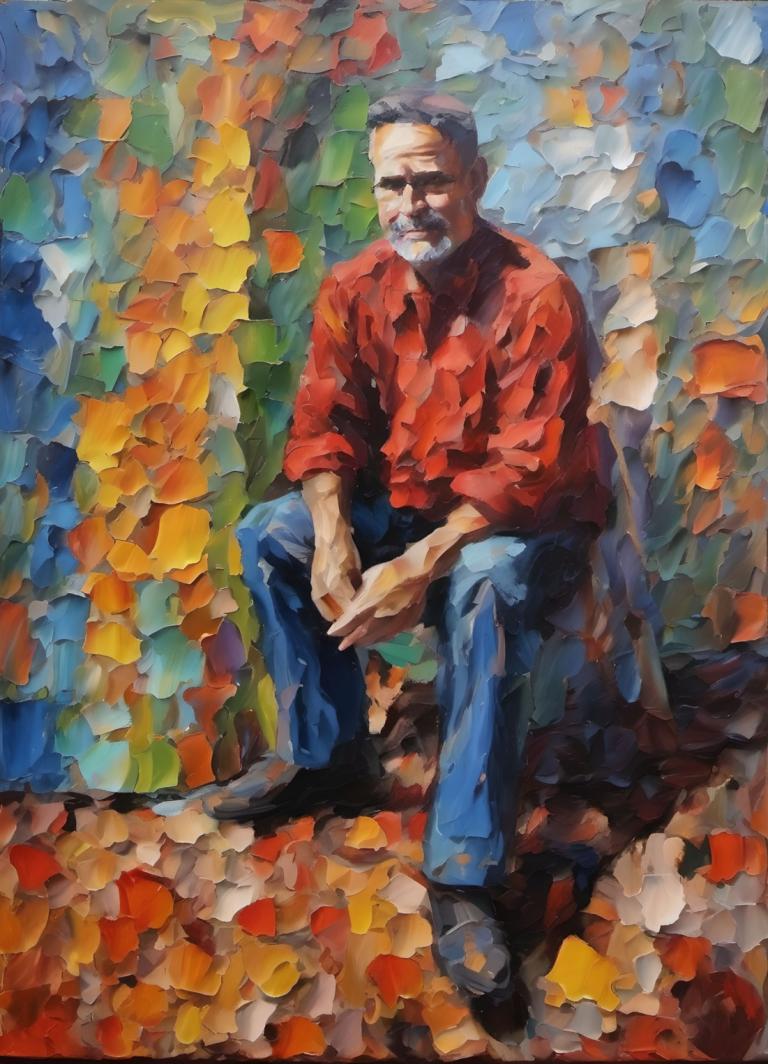 Oil Painting,Oil Painting, People, man, 1boy, male focus, solo, sitting, facial hair, shirt, pants, old