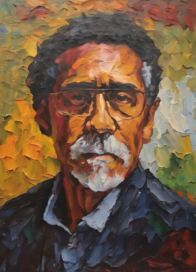 Oil Painting,Oil Painting, People, man, 1boy, male focus, solo, facial hair, black hair, glasses, mustache