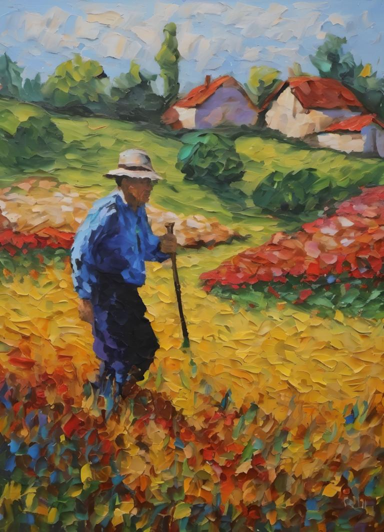 Oil Painting,Oil Painting, People, man, hat, outdoors, 1boy, solo, cane, sky, day, male focus, cloud, tree