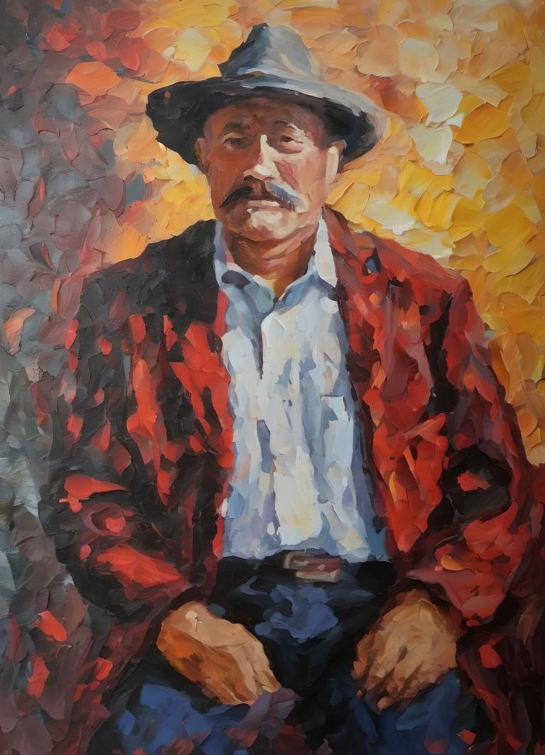 Oil Painting,Oil Painting, People, man, 1boy, male focus, solo, hat, shirt, mustache, facial hair, belt