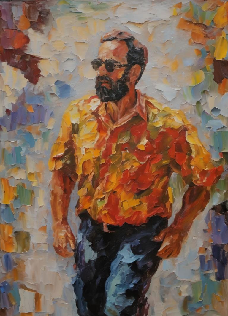 Oil Painting,Oil Painting, People, man, 1boy, male focus, facial hair, shirt, pants, solo, bald, beard