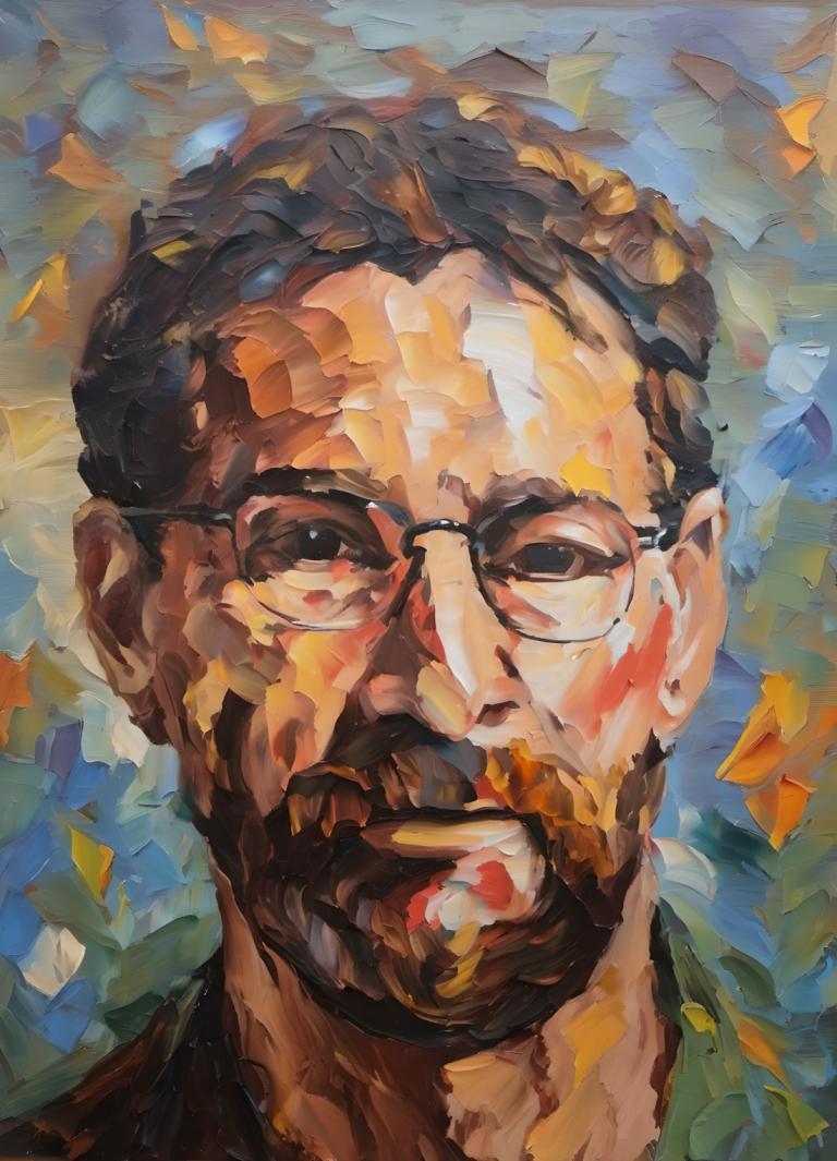 Oil Painting,Oil Painting, People, man, 1boy, male focus, solo, glasses, leaf, open mouth, facial hair