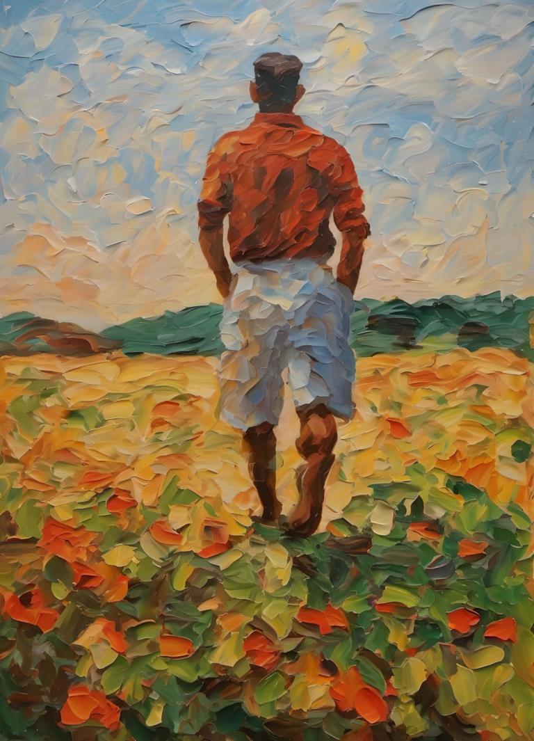 Oil Painting,Oil Painting, People, man, 1boy, male focus, solo, boots, cloud, from behind, sky, outdoors