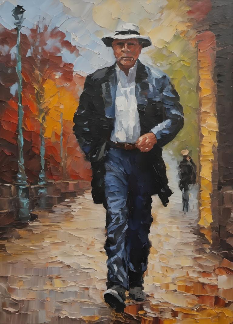 Oil Painting,Oil Painting, People, man, walking, hat, pants, male focus, facial hair, shirt, jacket, outdoors