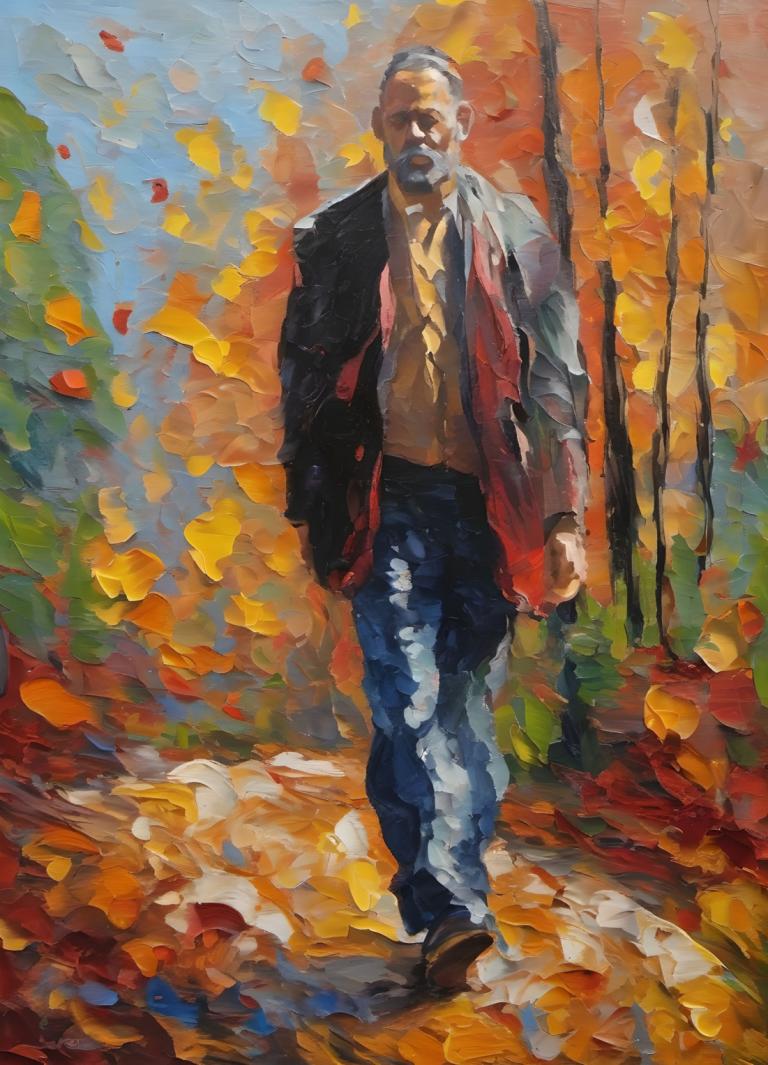 Oil Painting,Oil Painting, People, man, 1boy, male focus, solo, walking, facial hair, pants, jacket, old man