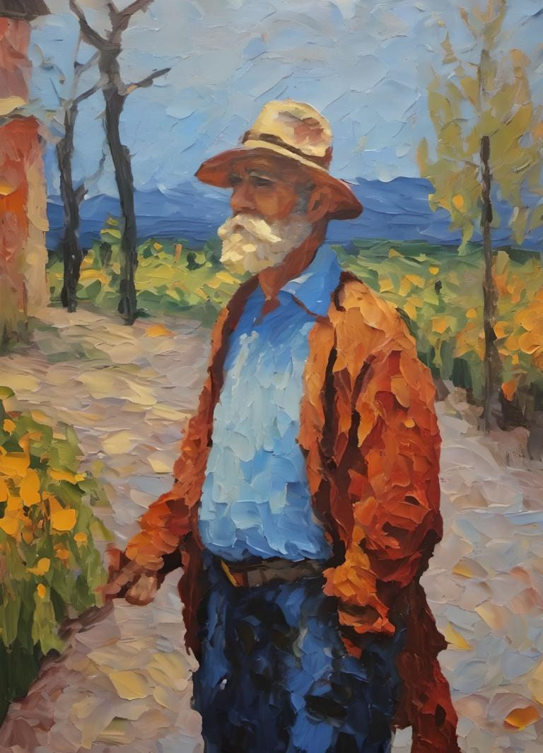 Oil Painting,Oil Painting, People, man, 1boy, male focus, hat, outdoors, solo, tree, shirt, facial hair