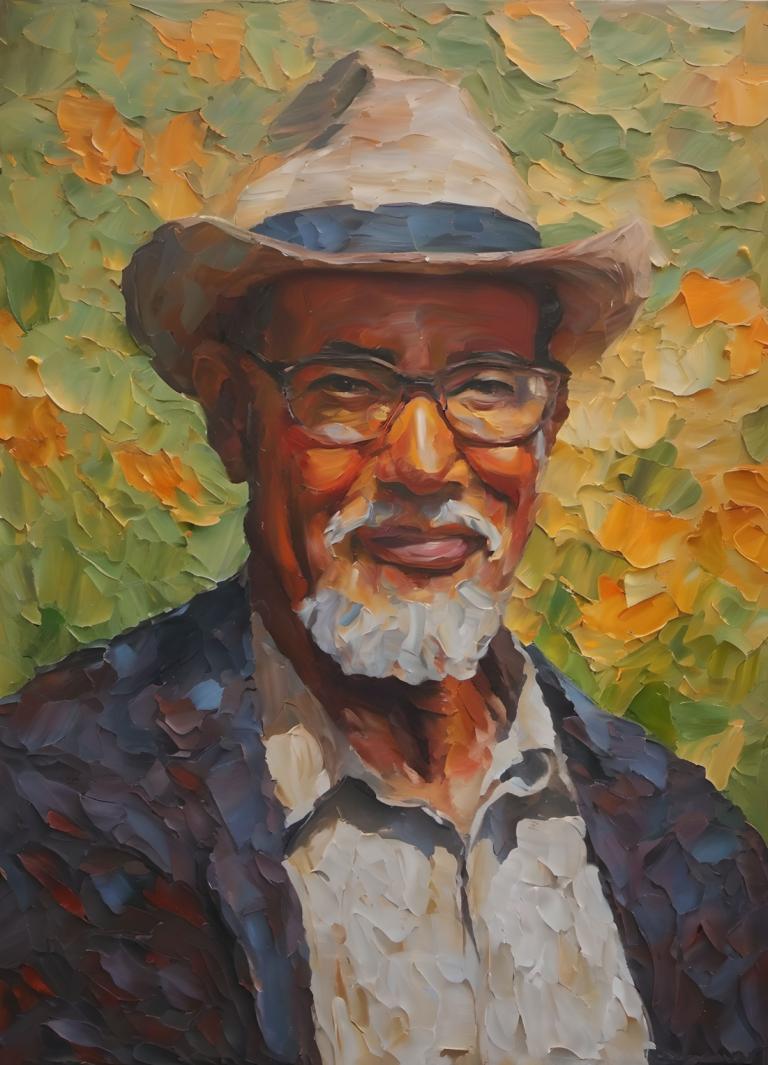 Oil Painting,Oil Painting, People, man, 1boy, male focus, solo, hat, facial hair, glasses, beard, mustache