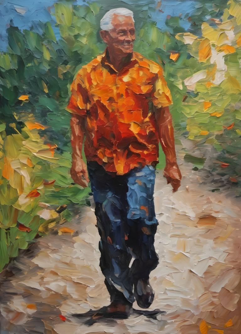 Oil Painting,Oil Painting, People, man, 1boy, male focus, walking, solo, old man, old, shirt, pants