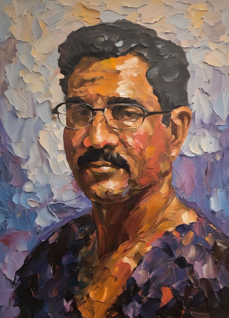 Oil Painting,Oil Painting, People, man, 1boy, male focus, solo, glasses, facial hair, black hair, mustache