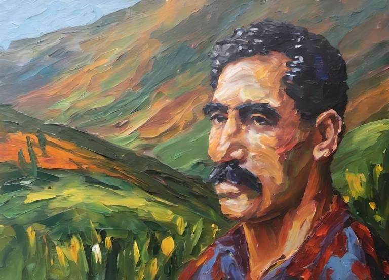 Oil Painting,Oil Painting, People, man, 1boy, male focus, solo, facial hair, black hair, mustache, outdoors