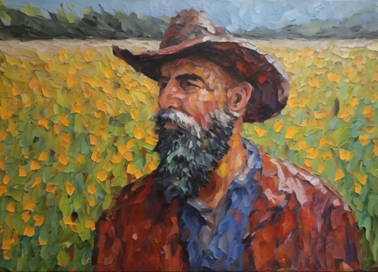 Oil Painting,Oil Painting, People, man, 1boy, male focus, solo, hat, facial hair, beard, outdoors, mustache