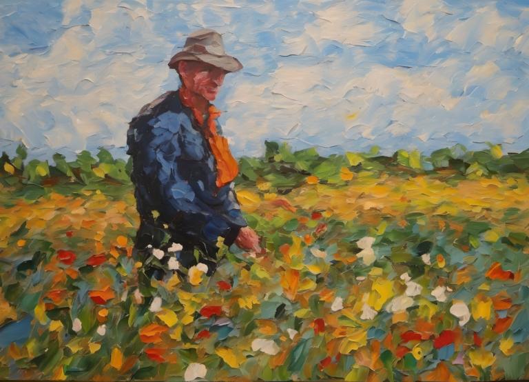 Oil Painting,Oil Painting, People, man, hat, field, solo, flower, cloud, outdoors, 1boy, male focus, sky