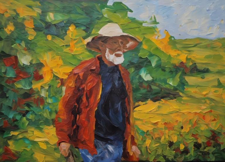 Oil Painting,Oil Painting, People, man, 1boy, hat, solo, male focus, outdoors, facial hair, jacket, shirt