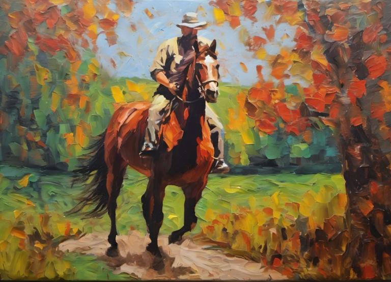 Oil Painting,Oil Painting, People, man, horse, hat, horseback riding, 1boy, riding, male focus, outdoors