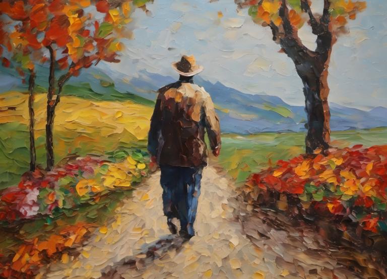 Oil Painting,Oil Painting, People, man, hat, outdoors, male focus, 1boy, solo, tree, walking, from behind