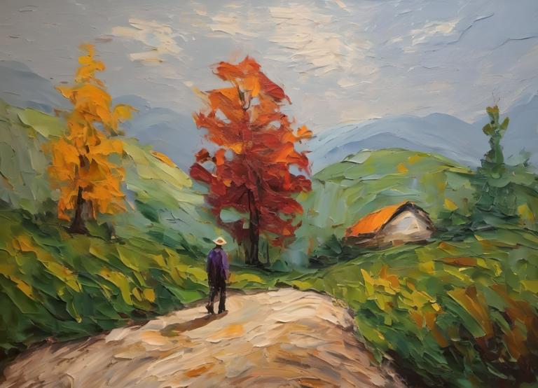 Oil Painting,Oil Painting, People, man, tree, outdoors, 1boy, scenery, cloud, road, sky, solo, male focus