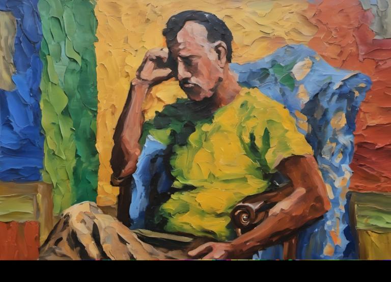 Oil Painting,Oil Painting, People, man, 1boy, male focus, solo, shirt, sitting, black hair, yellow shirt