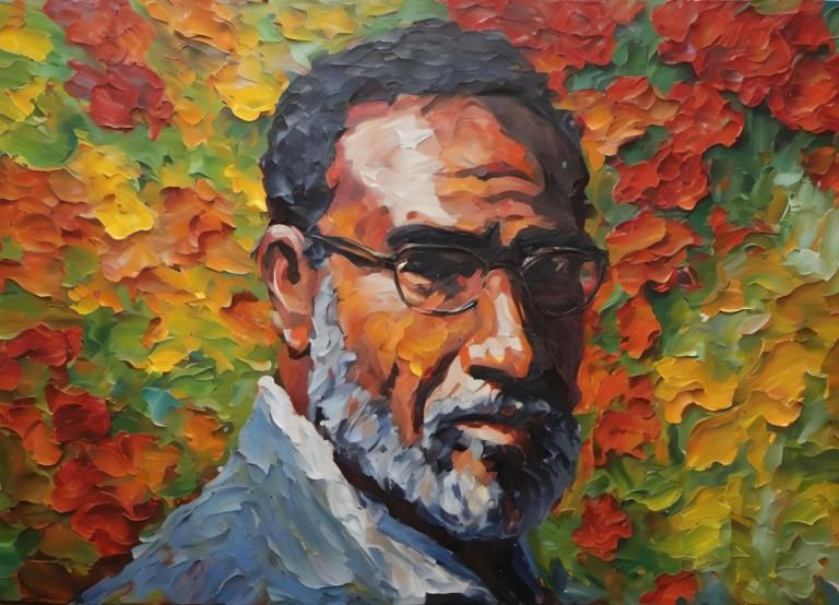 Oil Painting,Oil Painting, People, man, 1boy, male focus, solo, glasses, facial hair, black hair, leaf, beard