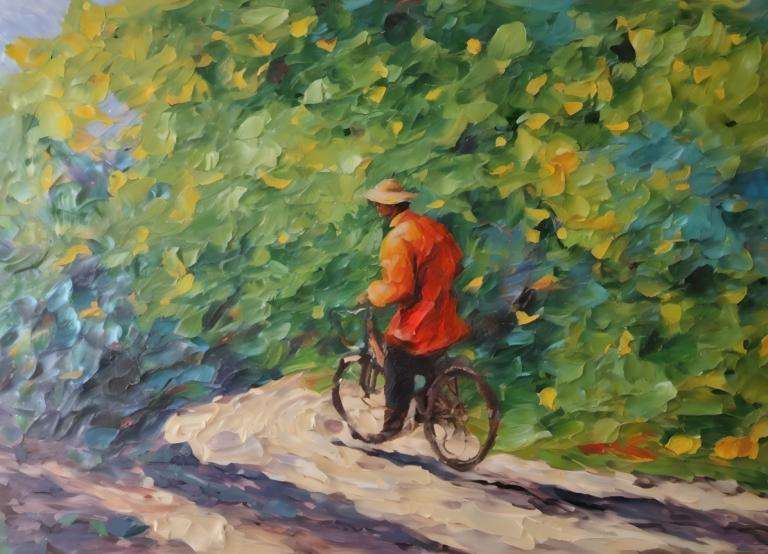 Oil Painting,Oil Painting, People, man, bicycle, ground vehicle, solo, traditional media, outdoors