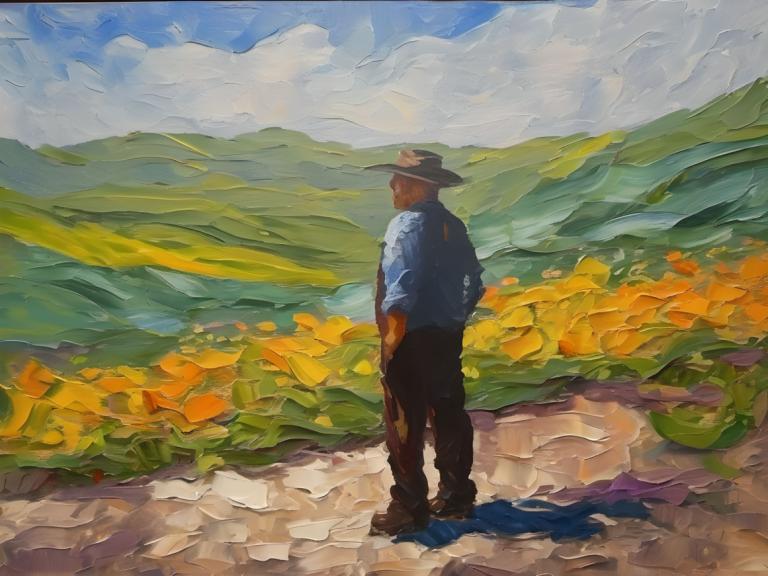 Oil Painting,Oil Painting, People, man, 1boy, hat, solo, male focus, outdoors, sky, cloud, day