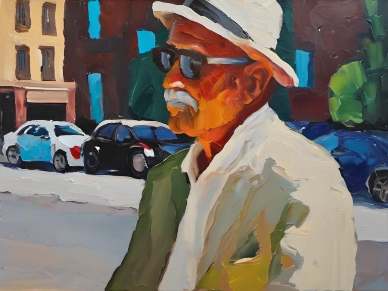 Oil Painting,Oil Painting, People, man, car, 1boy, motor vehicle, hat, ground vehicle, male focus, sunglasses