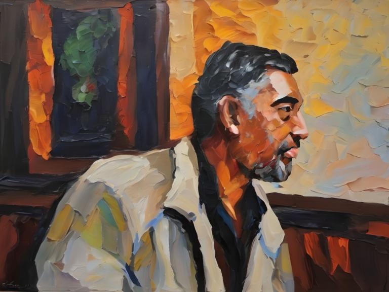 Oil Painting,Oil Painting, People, man, 1boy, male focus, facial hair, solo, black hair, shirt, beard