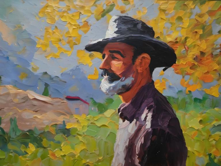 Oil Painting,Oil Painting, People, man, 1boy, male focus, solo, facial hair, hat, outdoors, mustache