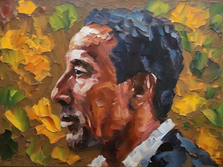 Oil Painting,Oil Painting, People, man, male focus, 1boy, solo, leaf, open mouth, blue hair, profile