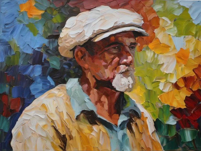 Oil Painting,Oil Painting, People, man, 1boy, male focus, solo, shirt, facial hair, hat, dark skin