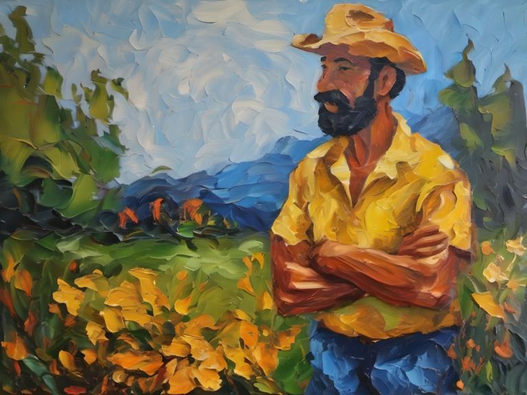 Oil Painting,Oil Painting, People, man, 1boy, male focus, shirt, hat, crossed arms, solo, facial hair