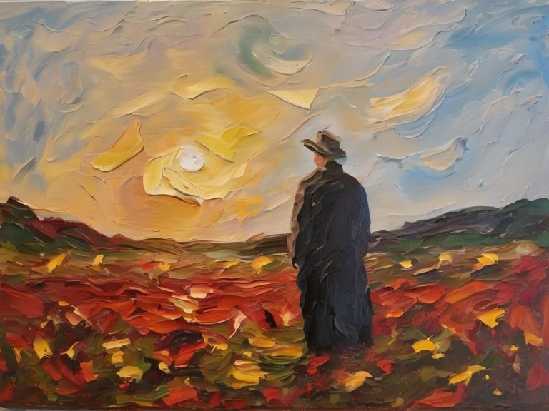 Oil Painting,Oil Painting, People, man, hat, cloud, 1boy, sky, outdoors, male focus, from behind, cloudy sky