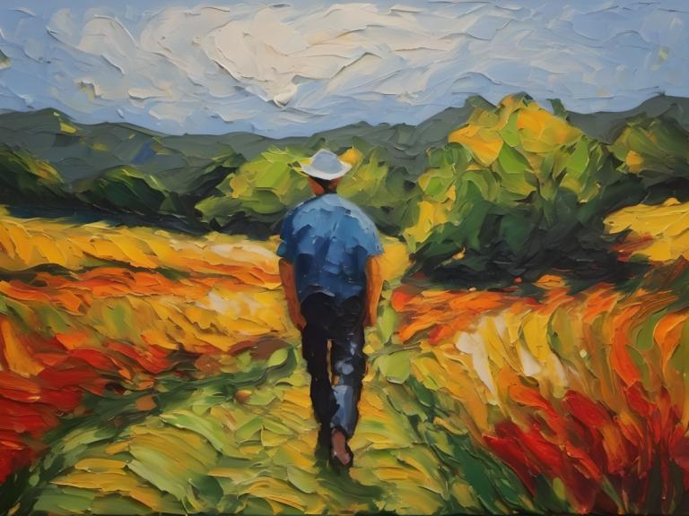 Oil Painting,Oil Painting, People, man, hat, solo, outdoors, shirt, cloud, 1boy, pants, sky, male focus