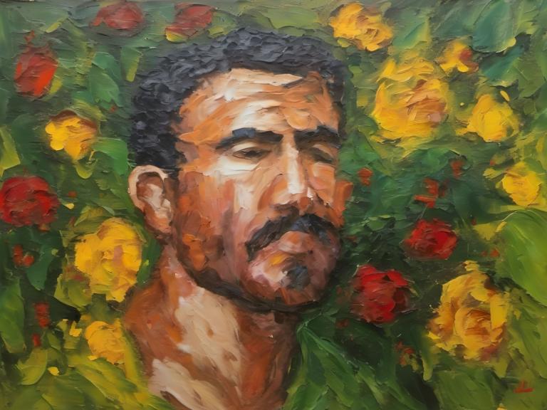 Oil Painting,Oil Painting, People, man, 1boy, male focus, solo, black hair, facial hair, flower, closed eyes