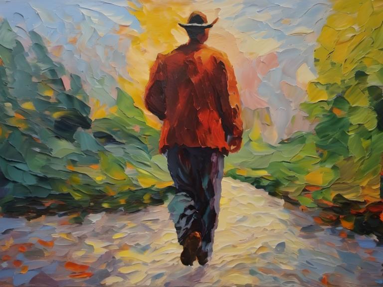 Oil Painting,Oil Painting, People, man, walking, hat, 1boy, from behind, outdoors, male focus, pants, fedora