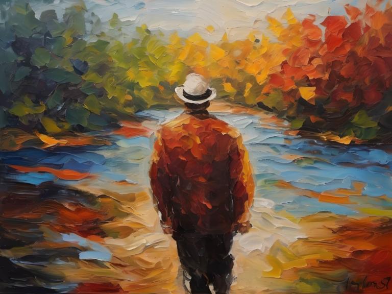 Pittura ad olio,Pittura ad olio, Persone, Uomo, cappello, assolo, 1 ragazzo, focus maschile, da dietro