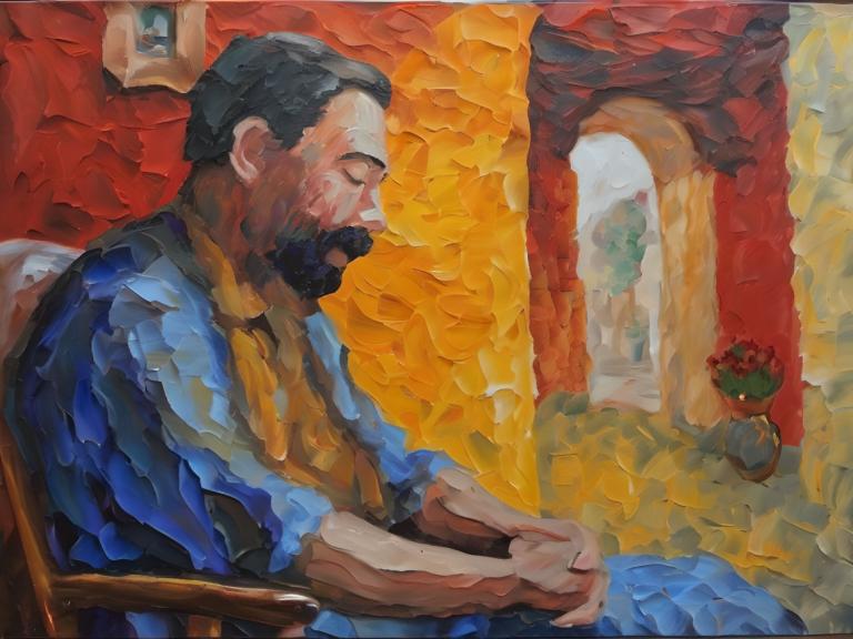 Oil Painting,Oil Painting, People, man, 1boy, male focus, chair, facial hair, sitting, black hair, beard