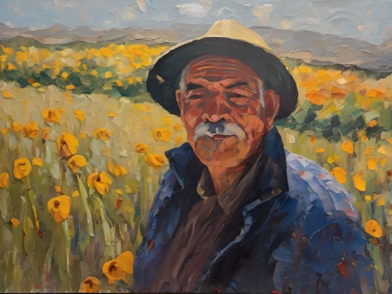 Oil Painting,Oil Painting, People, man, 1boy, hat, field, male focus, solo, flower, outdoors, old