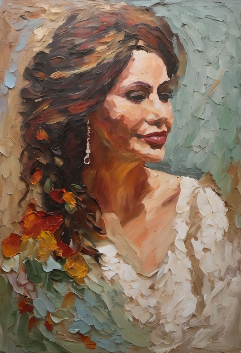 Oil Painting,Oil Painting, People, woman, 1girl, solo, earrings, jewelry, brown hair, red lips, makeup