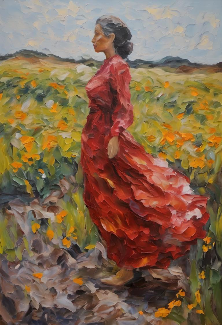 Oil Painting,Oil Painting, People, woman, 1girl, dress, solo, outdoors, red dress, sky, black hair