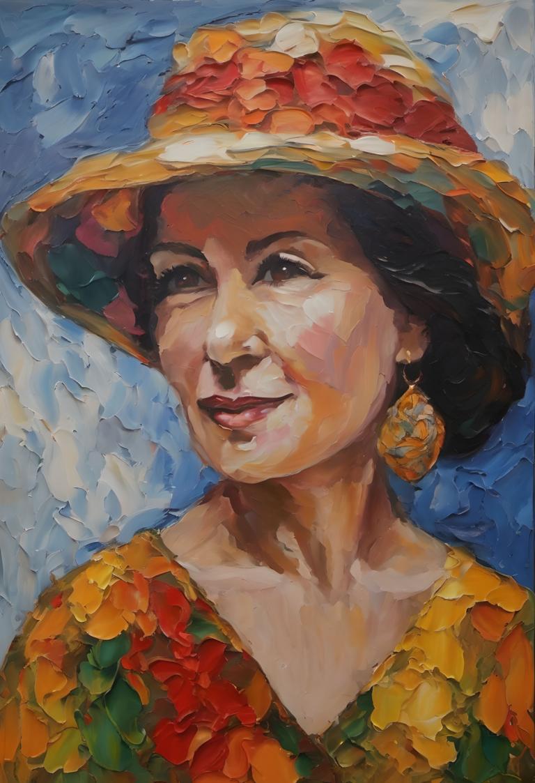 Oil Painting,Oil Painting, People, woman, 1girl, solo, jewelry, earrings, hat, brown eyes, smile, black hair