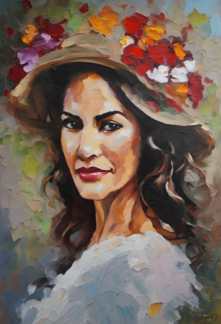 Oil Painting,Oil Painting, People, woman, 1girl, solo, hat, flower, long hair, looking at viewer