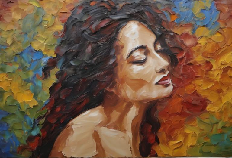 Oil Painting,Oil Painting, People, woman, solo, 1girl, closed eyes, black hair, long hair, red lips, nude