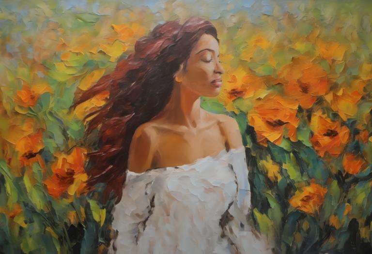 Oil Painting,Oil Painting, People, woman, 1girl, solo, long hair, closed eyes, flower, bare shoulders