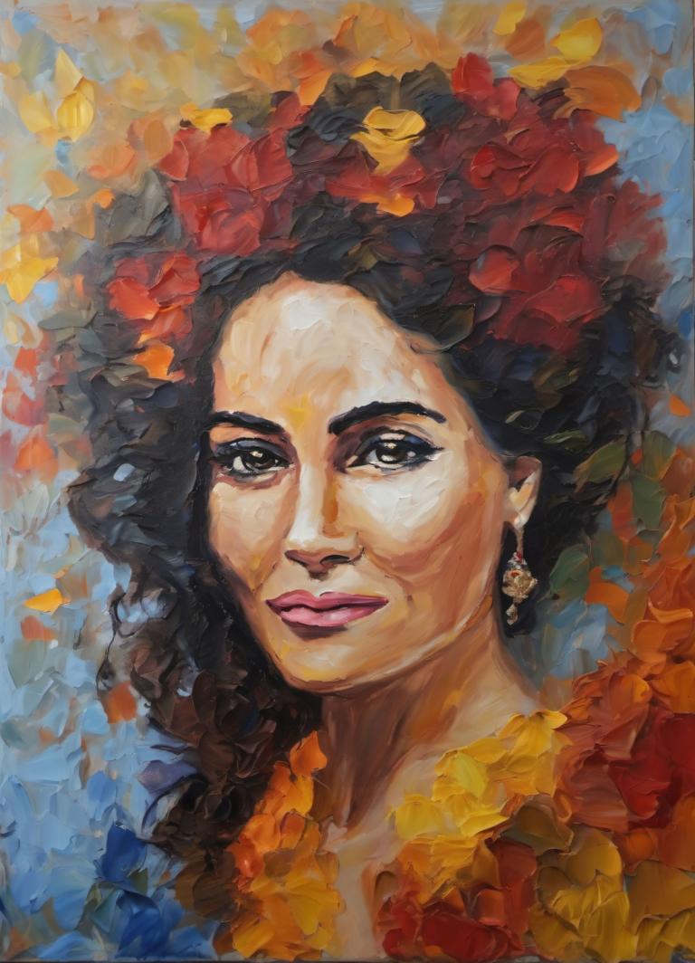 Oil Painting,Oil Painting, People, woman, 1girl, solo, jewelry, earrings, black hair, leaf, autumn leaves