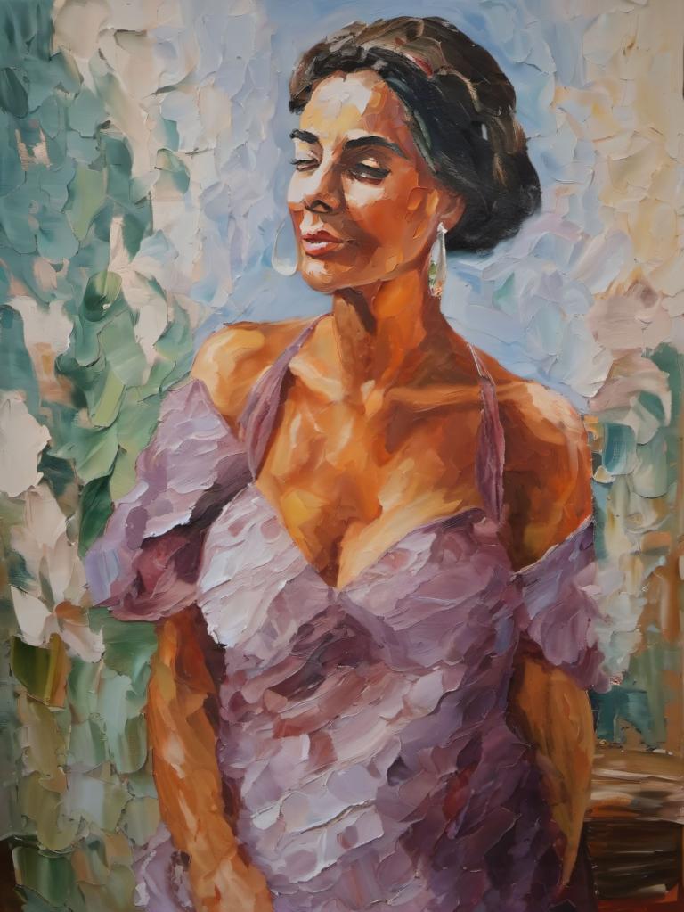 Oil Painting,Oil Painting, People, woman, 1girl, solo, earrings, dress, jewelry, breasts, black hair