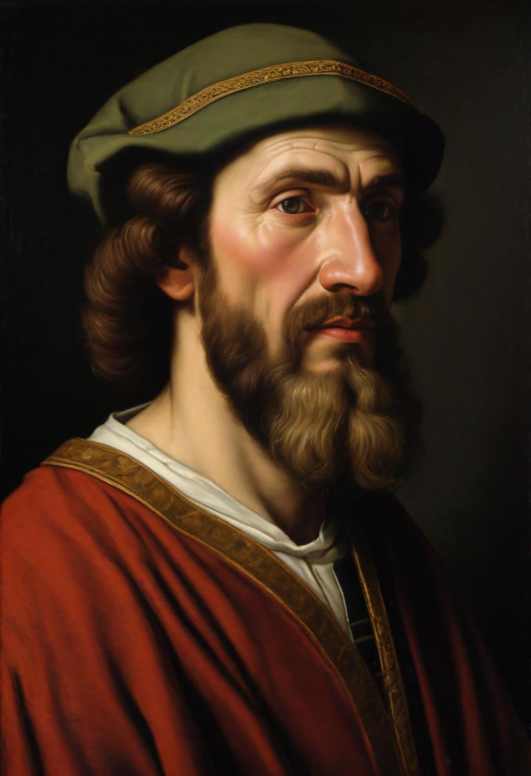 Échange de visage, Portrait classique, Peinture à l'huile, Personnes, homme européen médiéval, portrait, solo, 1garçon, foyer masculin, Poils, réaliste, chapeau, barbe, cheveux bruns, moustache, parodie des beaux-arts, regarder le spectateur, haut du corps, couvre-chef vert, fond simple