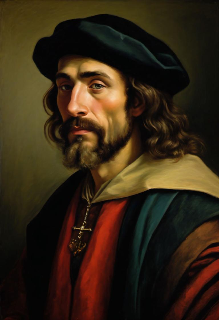 Intercambio de Rostro, Retrato clásico, Pintura al óleo, Gente, hombre medieval europeo, retrato, solo, 1 chico, vello facial, enfoque masculino, barba, realista, sombrero, parte superior del cuerpo, Pelo castaño, collar, mirando al espectador, parodia de bellas artes, cruz, Bigote, joyas, varonil