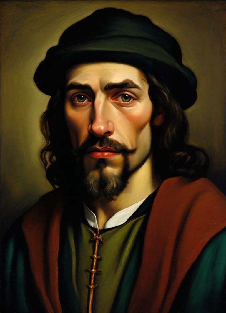 Intercambio de Rostro, Retrato clásico, Pintura al óleo, Gente, hombre medieval europeo, retrato, 1 chico, solo, enfoque masculino, vello facial, barba, sombrero, realista, cruz, Bigote, parodia de bellas artes, Pelo castaño, parte superior del cuerpo, mirando al espectador, varonil