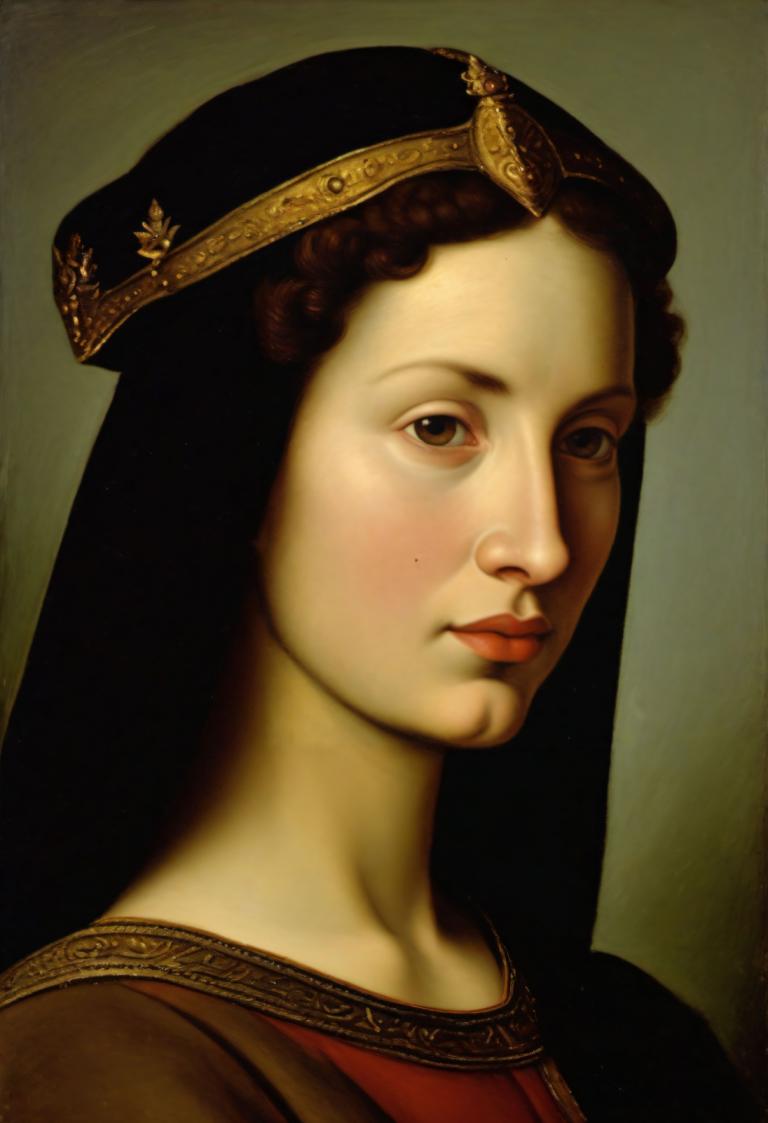 Arc Csere, Classical Portrait, Oil Painting, People, medieval european woman, portrait, solo, realistic, fine art parody, 1girl, brown hair, brown eyes, looking at viewer, veil, parody, hat