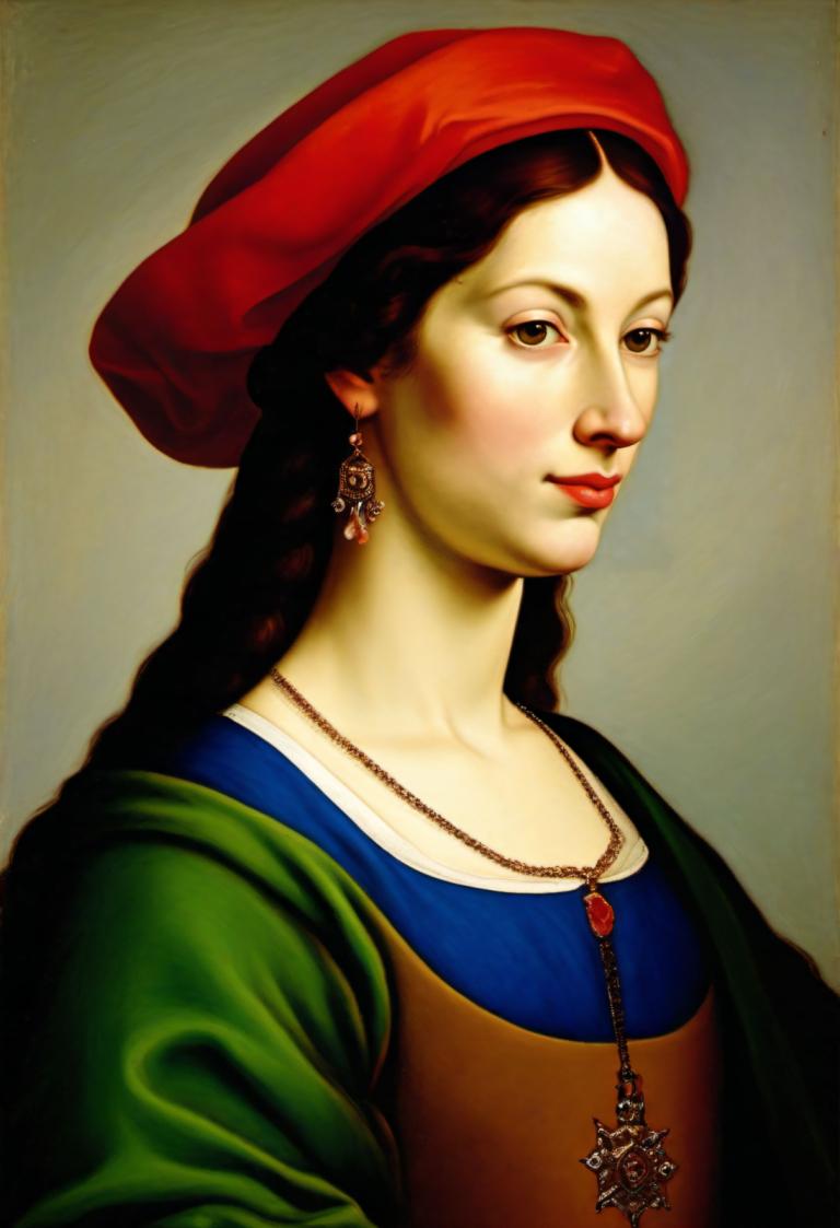 Oil Painting,Oil Painting, People, medieval european woman, portrait, 1girl, solo, jewelry, realistic, hat